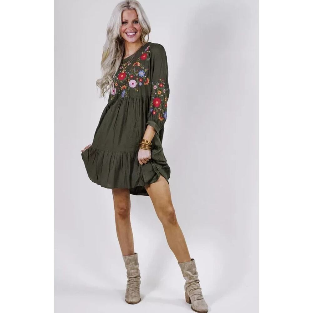 Savanna Jane Boho Embroidered Short Dress 3/4 Sleeves Smoke Gray Cottagecore M - Picture 8 of 8